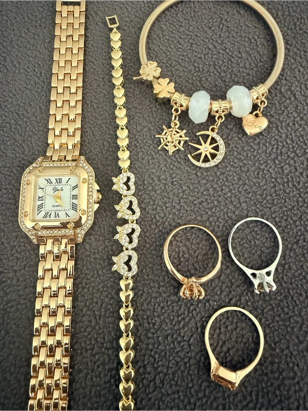 Gold-Tone Women's Bracelet Watch and Charm Jewelry Set